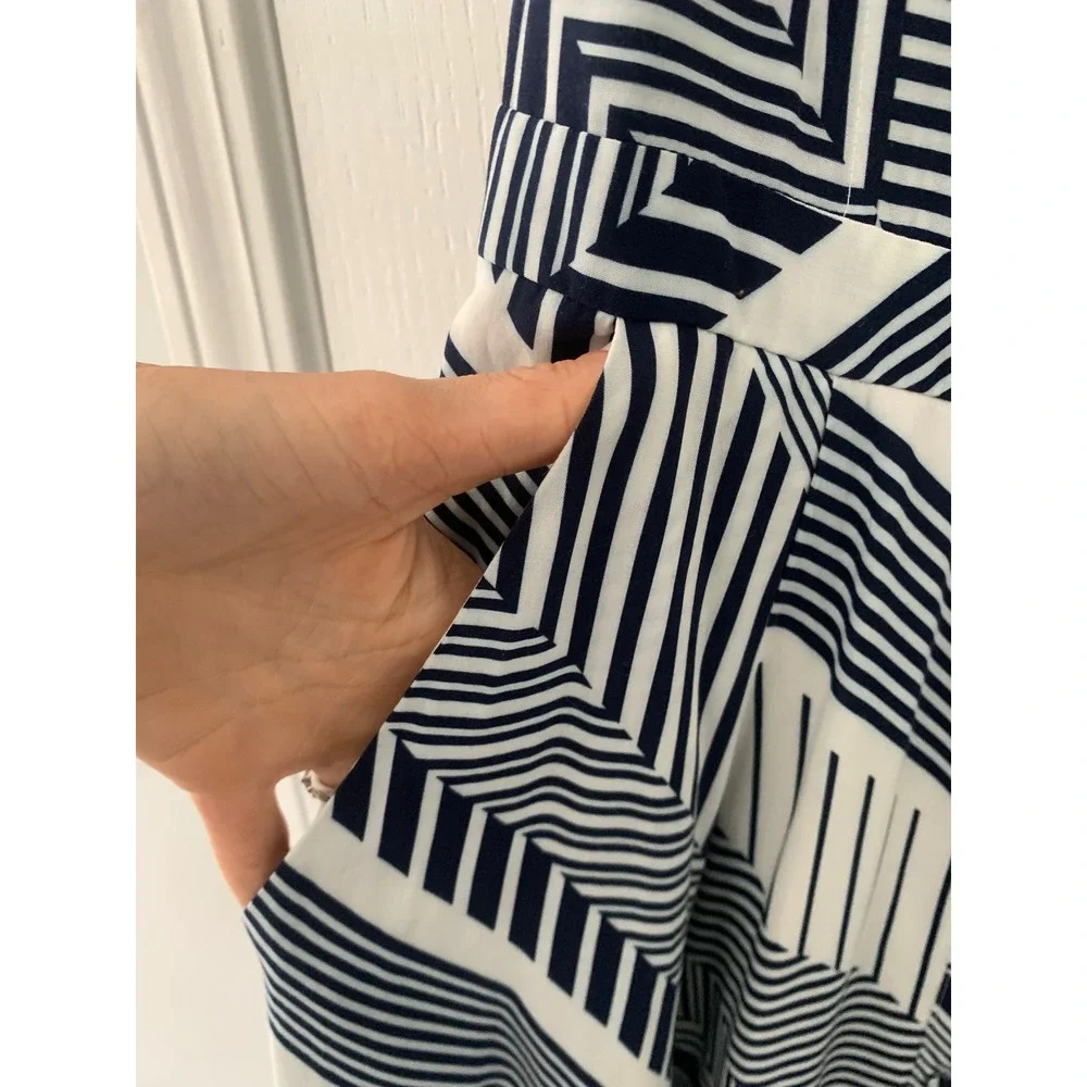 Yumi Kim Navy White Geometric Stripe Tie Front Midi Dress XS Pocket Smocked Back - Picture 10 of 13